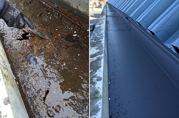 Before and after images of dirty guttering cleaned by Cladding Coatings